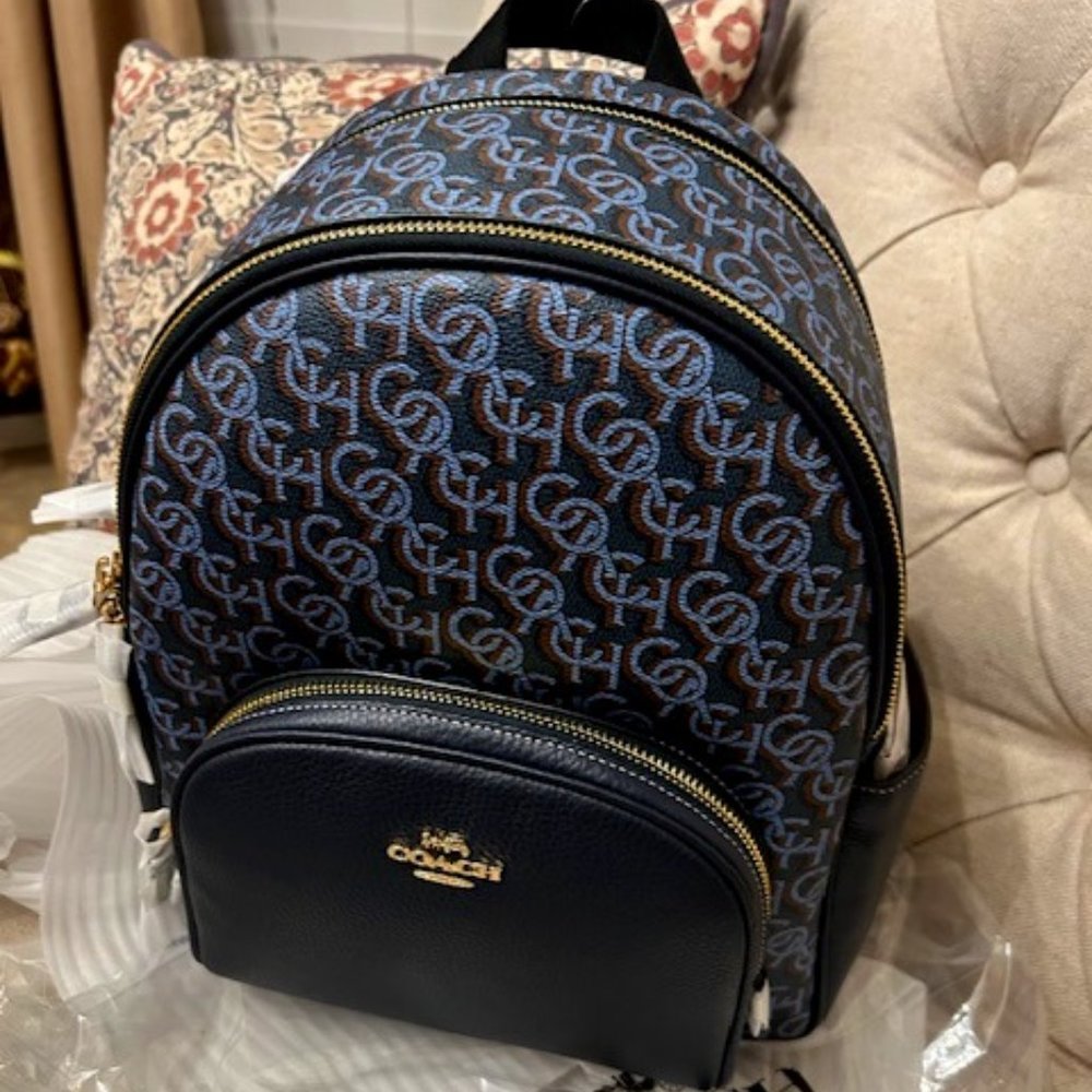 Coach Gold/Navy Court Backpack With Coach Monogram Print